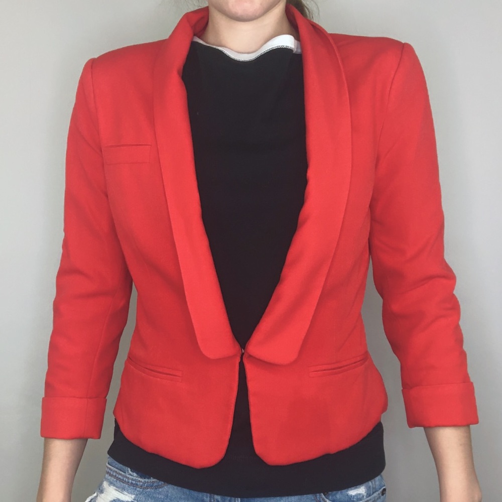 Bardut Orange Blazer Cropped Bodycon Business Open Ruching Lined Fitted Colorful